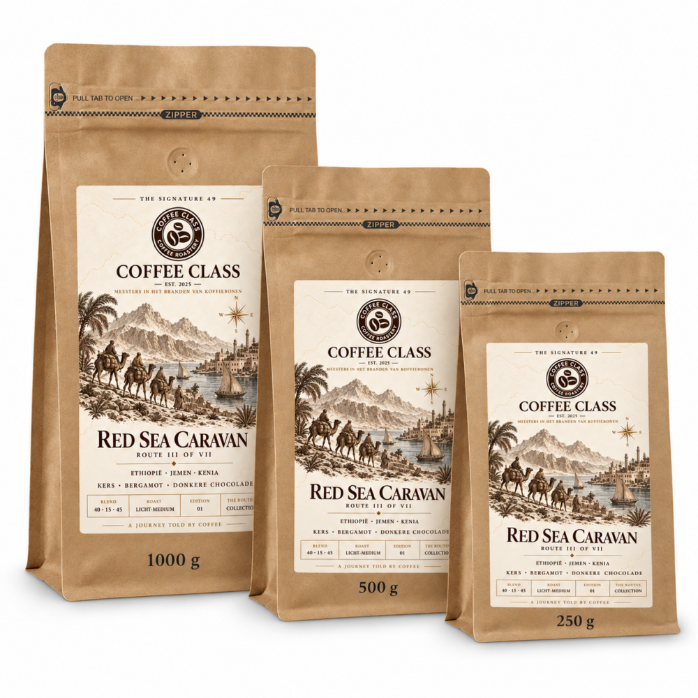 Coffee Class Red Sea Caravan koffie in kraft stazakken van 250 g, 500 g en 1000 g op witte achtergrond